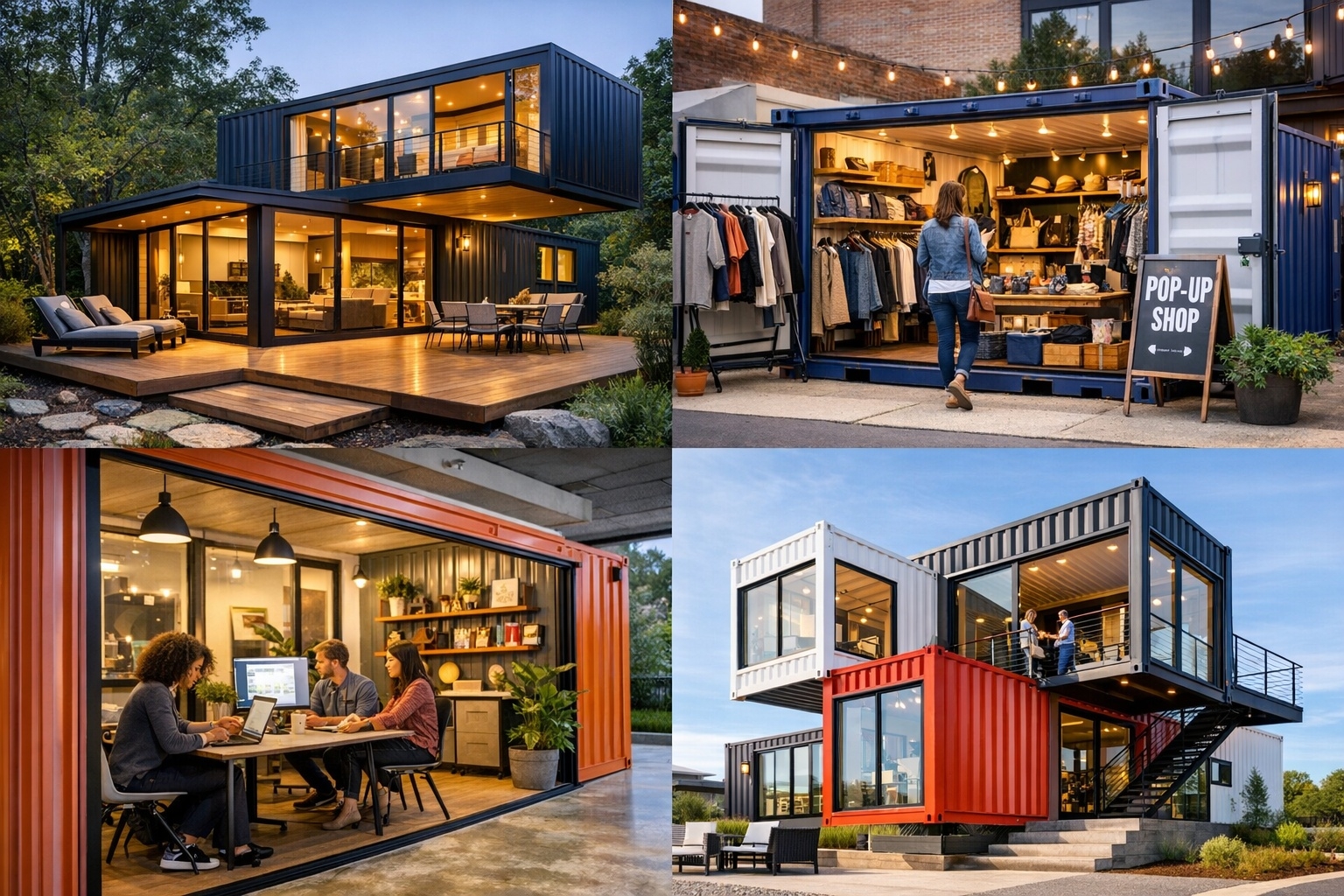 Creative shipping container uses including container home, retail shop, and office