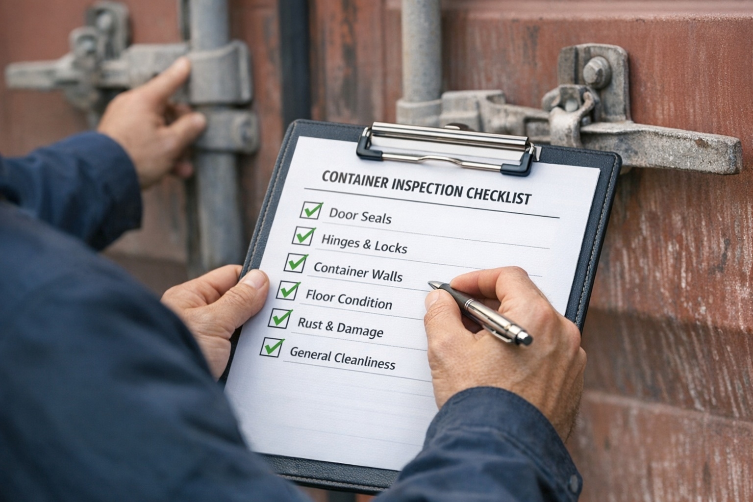 Inspector with clipboard checking shipping container door seals and condition