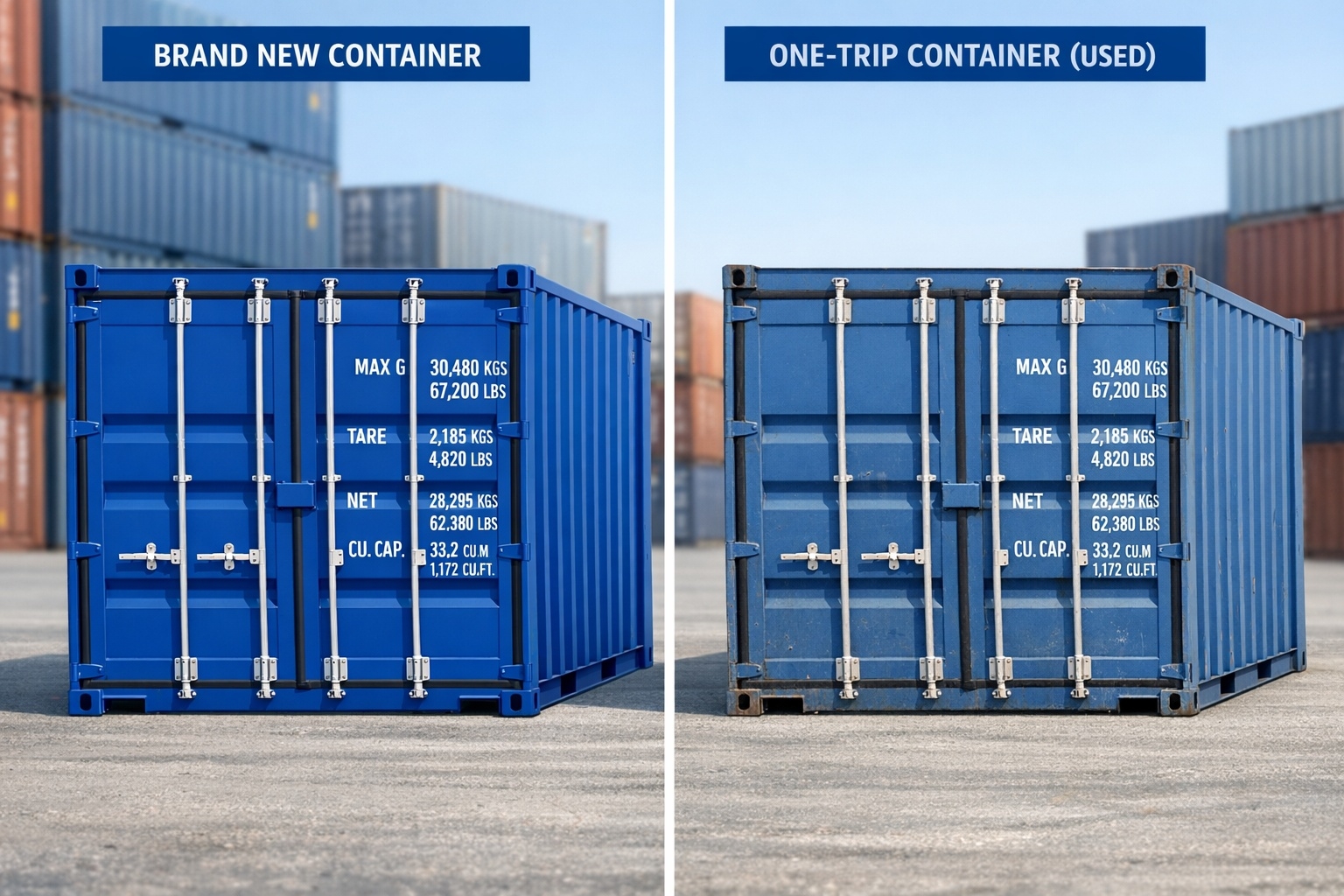 Side-by-side comparison of one-trip and brand new shipping containers