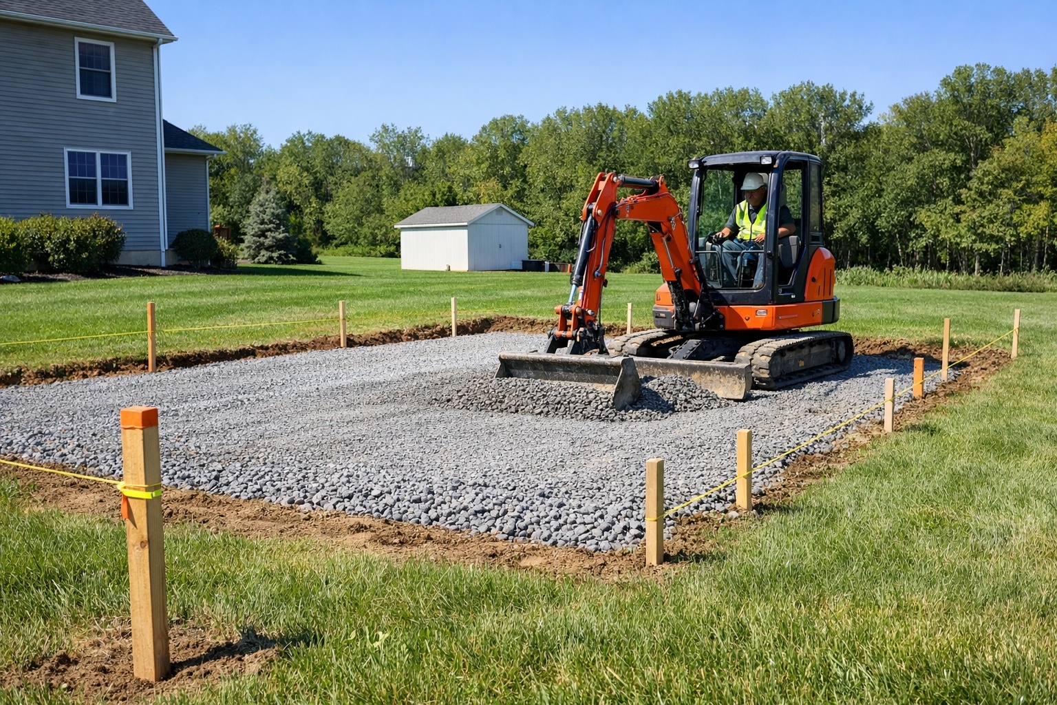 Construction site being prepared with gravel pad for shipping container delivery