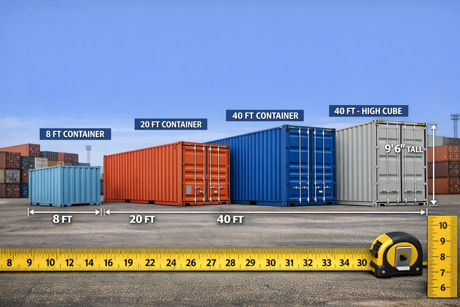 Different shipping container sizes arranged from 20ft to 40ft high cube